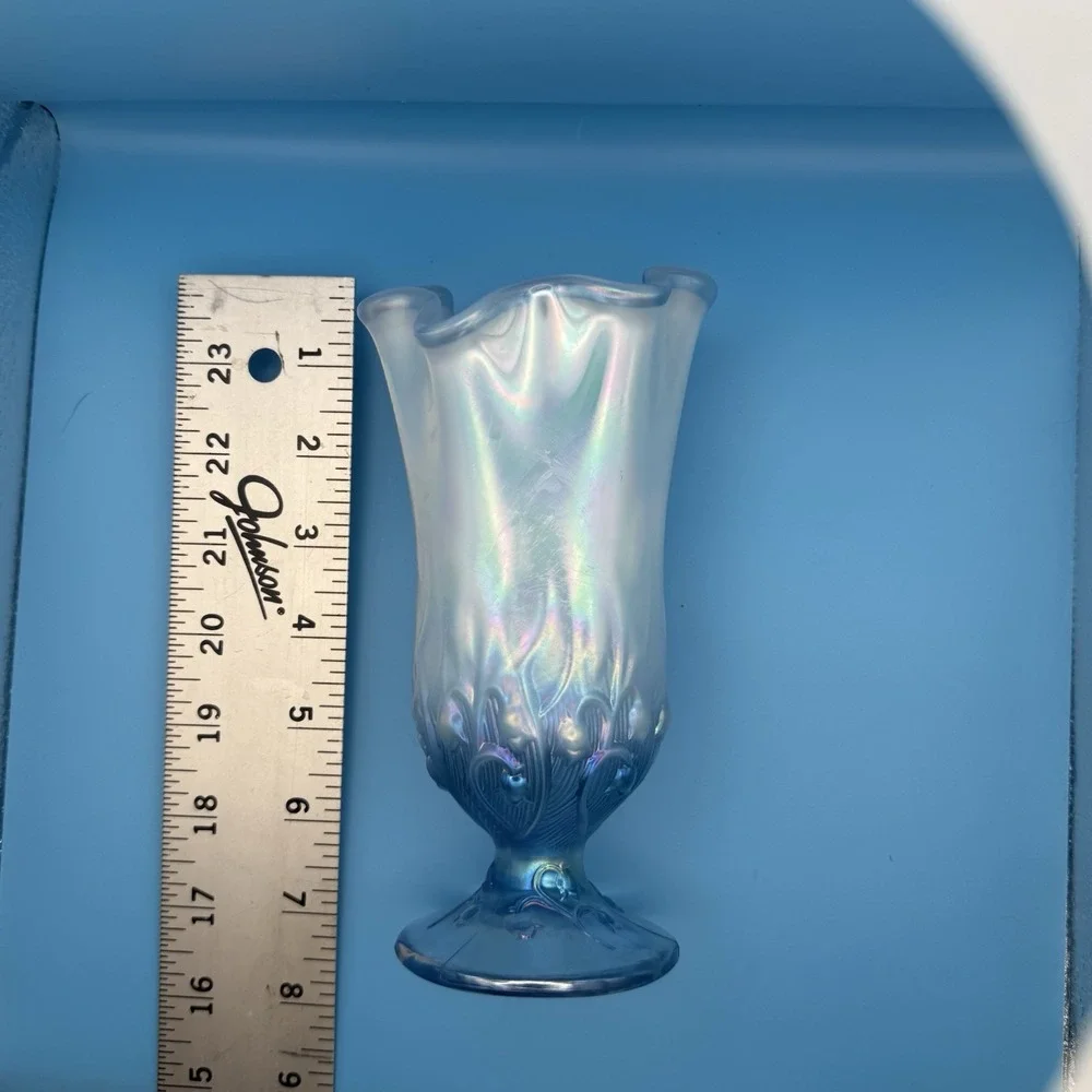 Vintage Iridescent Opalescent Art Glass Vase Blue Ruffled Rim Pedestal 8